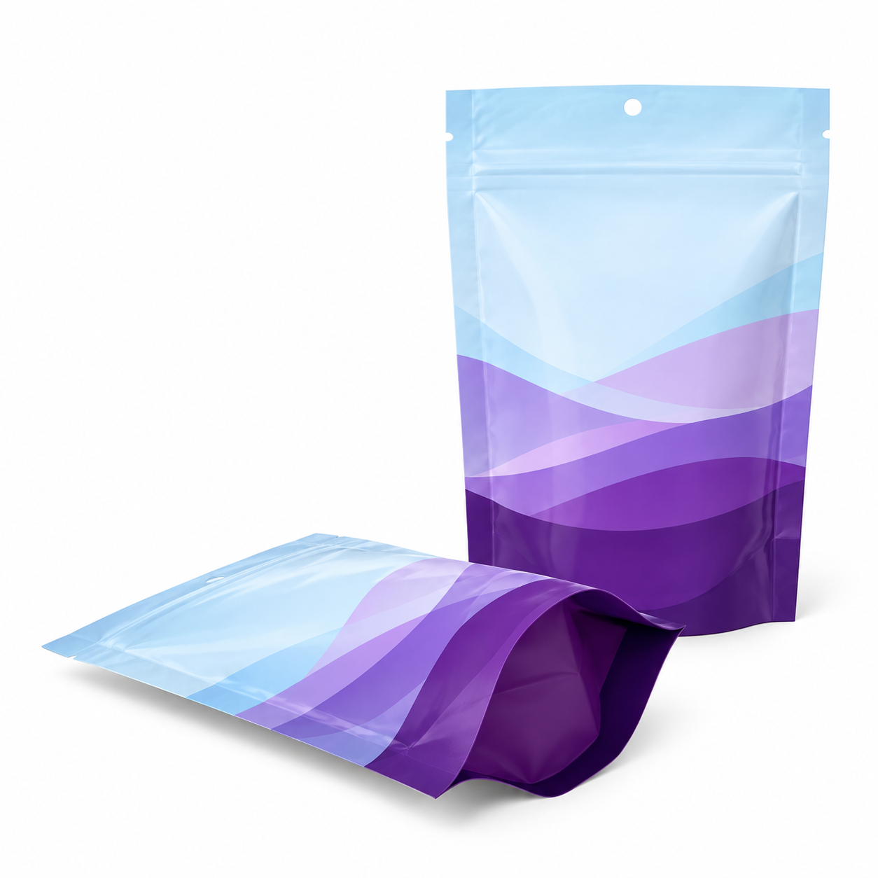 Two unbranded pet treat pouches on white background