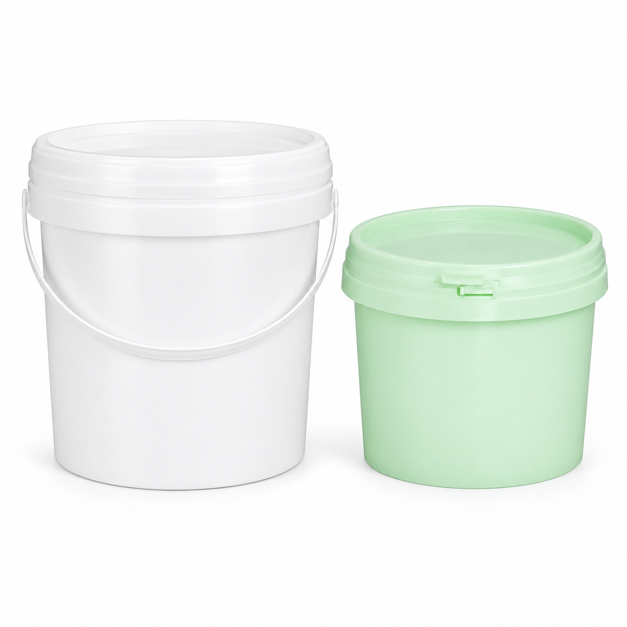 Unbranded white and pale green plastic pails on white background